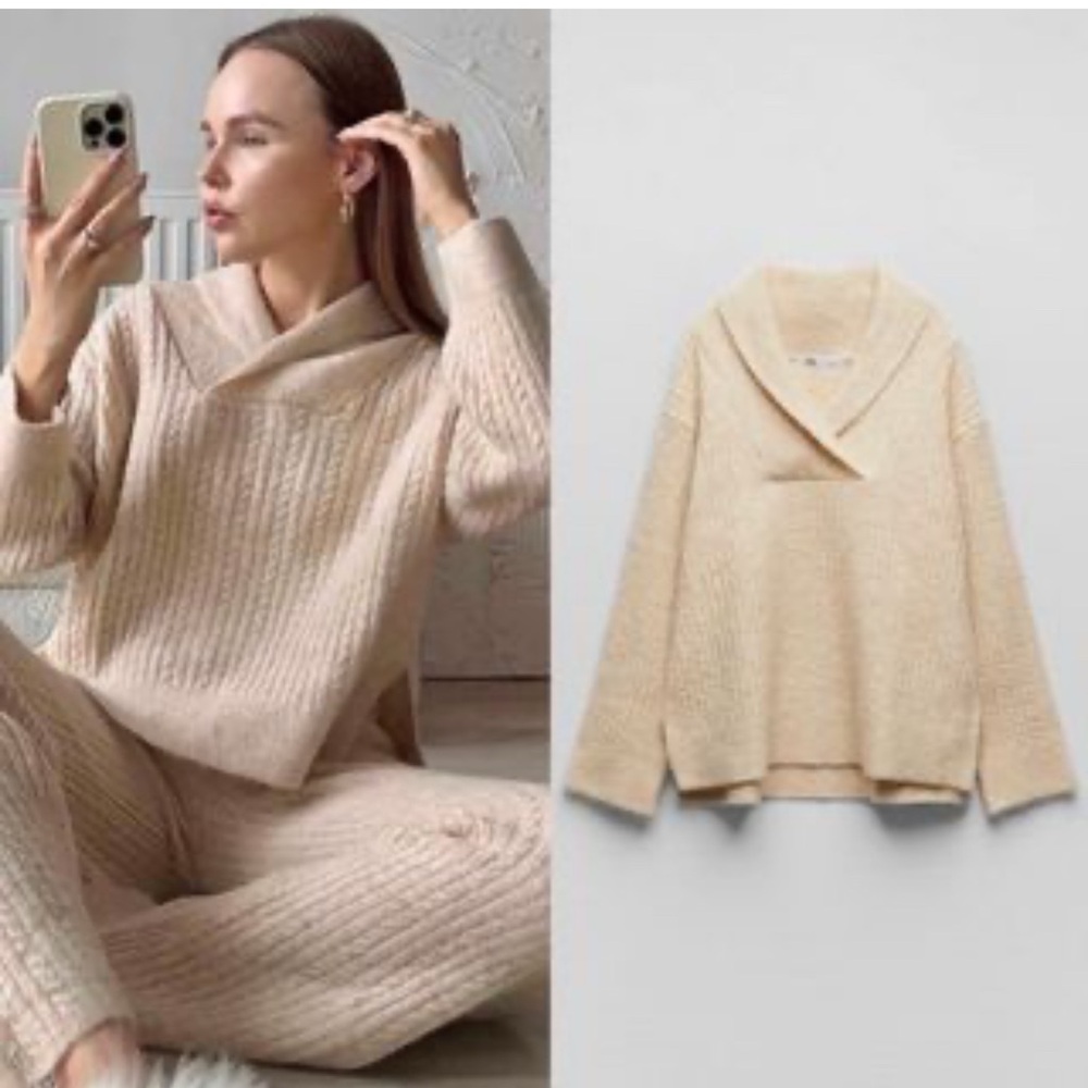 Zara Cream Cowl Shawl Collar Neck Sweater - old money vibes